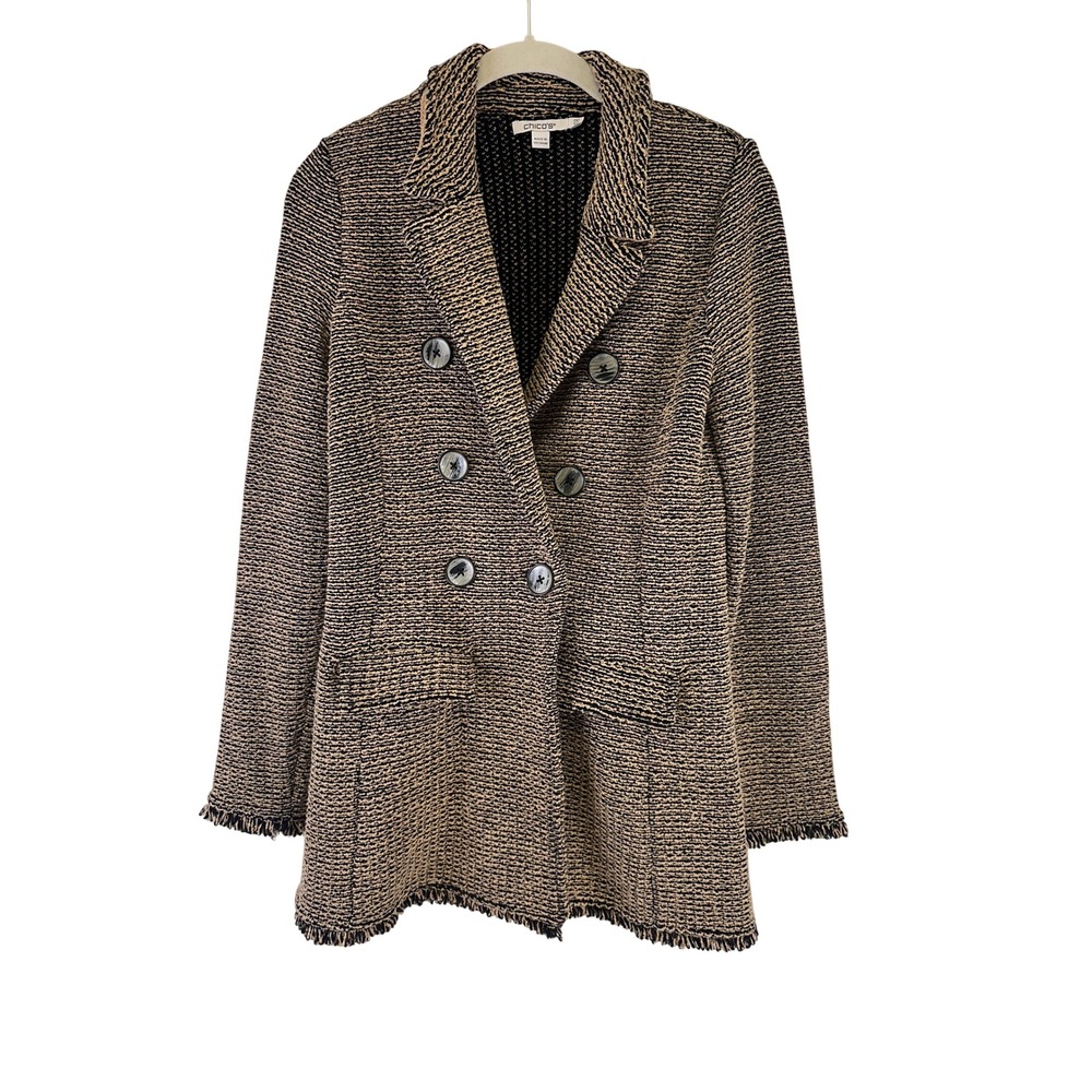 ChicosCardigan Sweater Knit Blazer Jacket Black Tan Button Fringed Womens XS